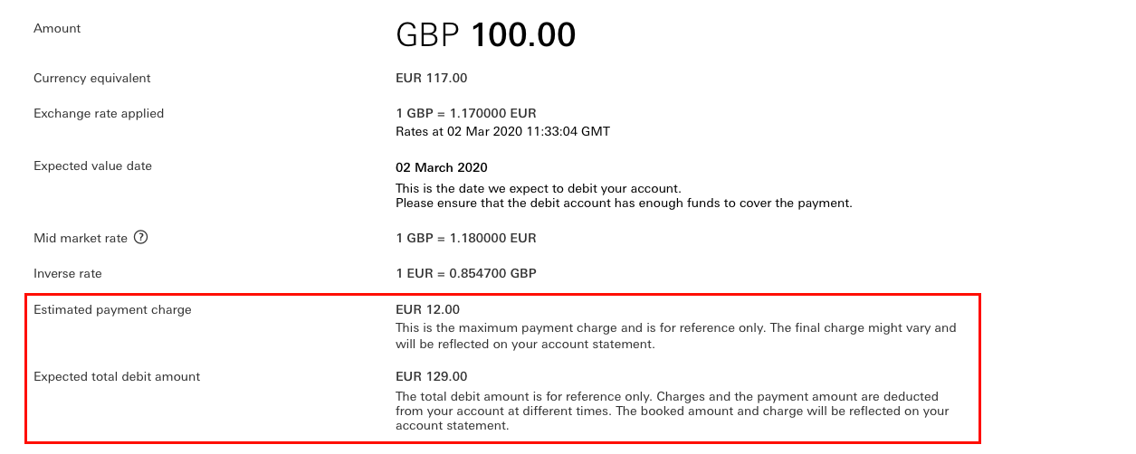 HSBCnet estimated payment charge information