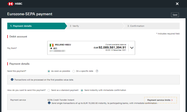 SEPA payment screen from HSBCnet