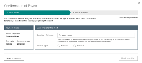 Confirmation of payee new screen